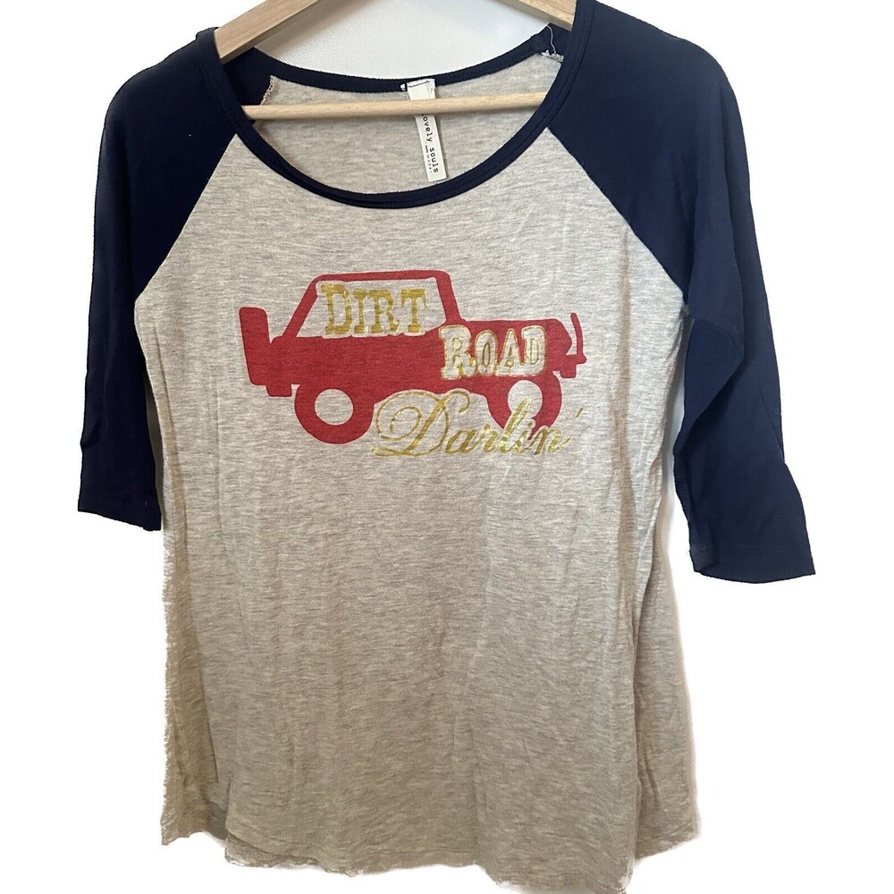 Lovely Souls T Shirt Womens Small Blue Raglan Baseball Jeep Dirtroad Darlin